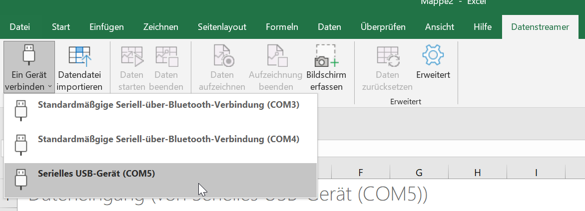 In Excel mit der Calliope verbinden