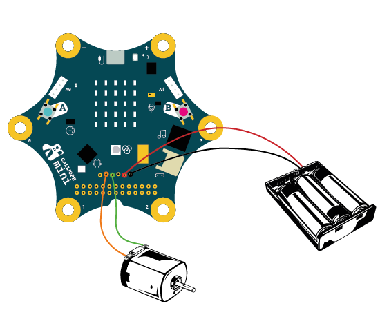 Ein Motor und eine Batterie am Calliope mini