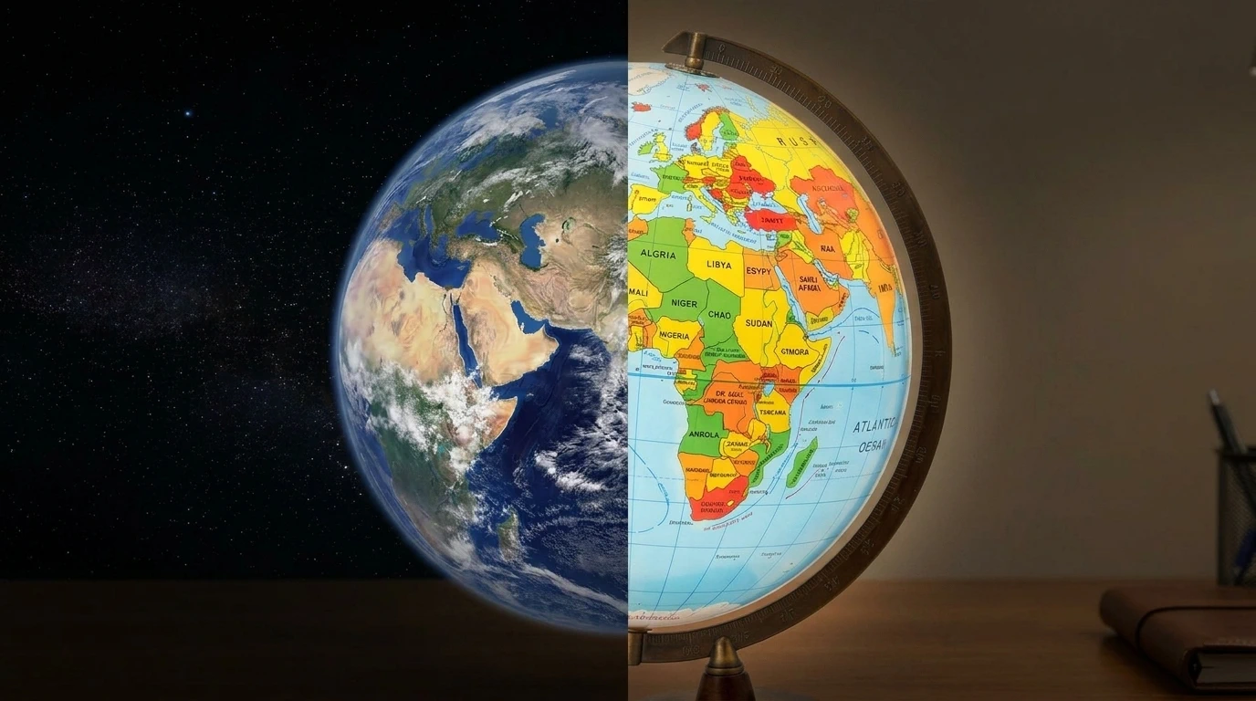 Die Erde aus dem Weltraum und daneben ein Globus. Das Bild zeigt das Begriffspaar dieses Abschnitts: Der Globus ist rund und farbig wie die Erde, aber er hat kein Wetter, keine Menschen und keine Jahreszeiten — er ist ein Modell.
