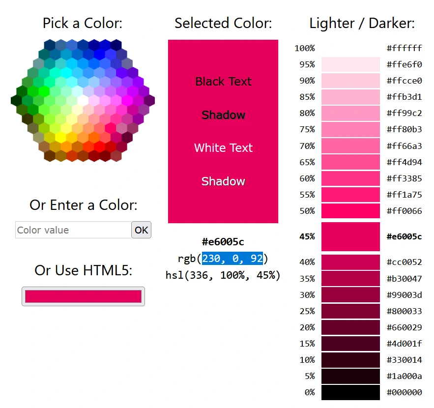 Farbwähler von w3schools mit RGB-Werten