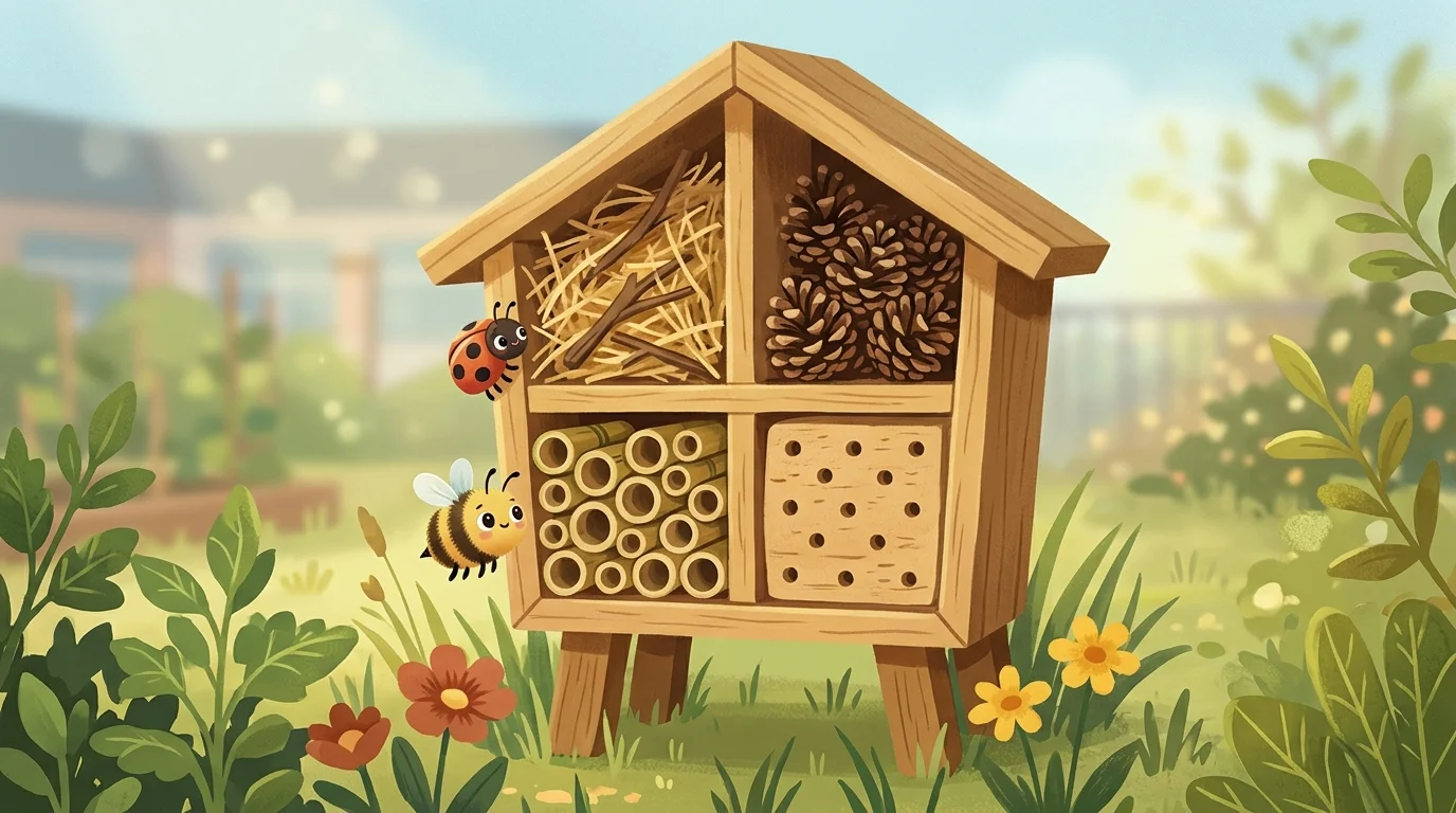 Ein Insektenhotel aus Holz mit vier Kammern im Schulgarten