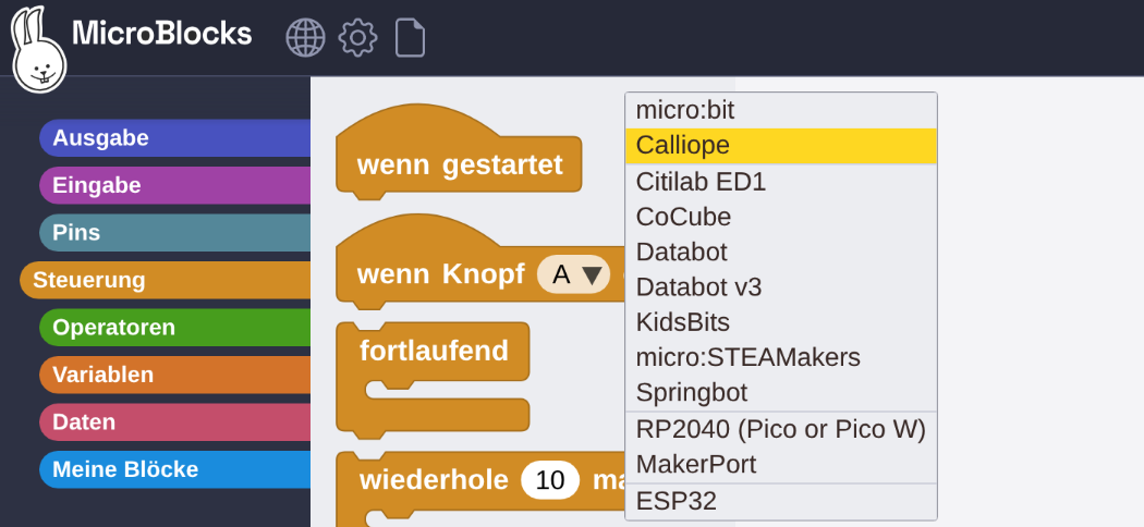 Die Liste der Boards, in der „Calliope" gewählt wird