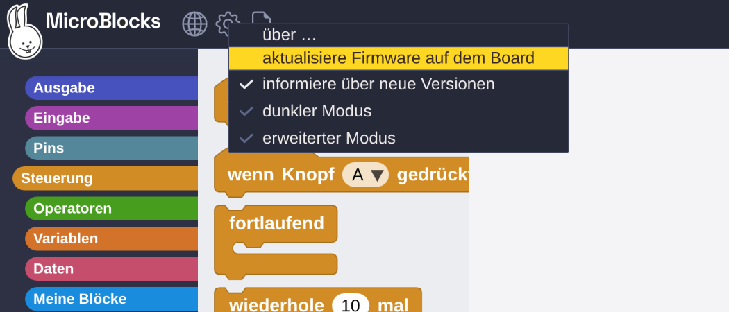 Das Menü hinter dem Zahnrad mit dem Eintrag „aktualisiere Firmware auf dem Board"