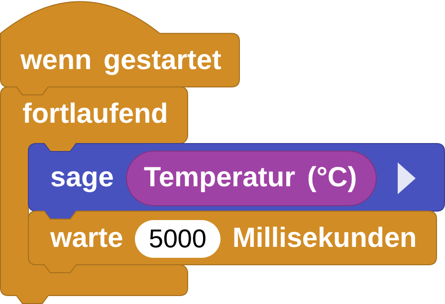 wenn gestartet, fortlaufend: sage Temperatur (°C), warte 5000 Millisekunden