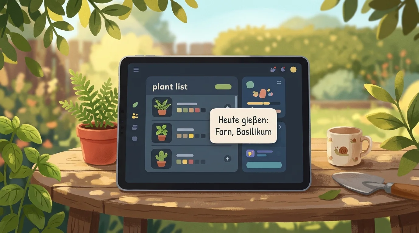 Mockup: Liste der Pflanzen mit Gießtag und ein Fenster „Heute gießen: Farn, Basilikum“