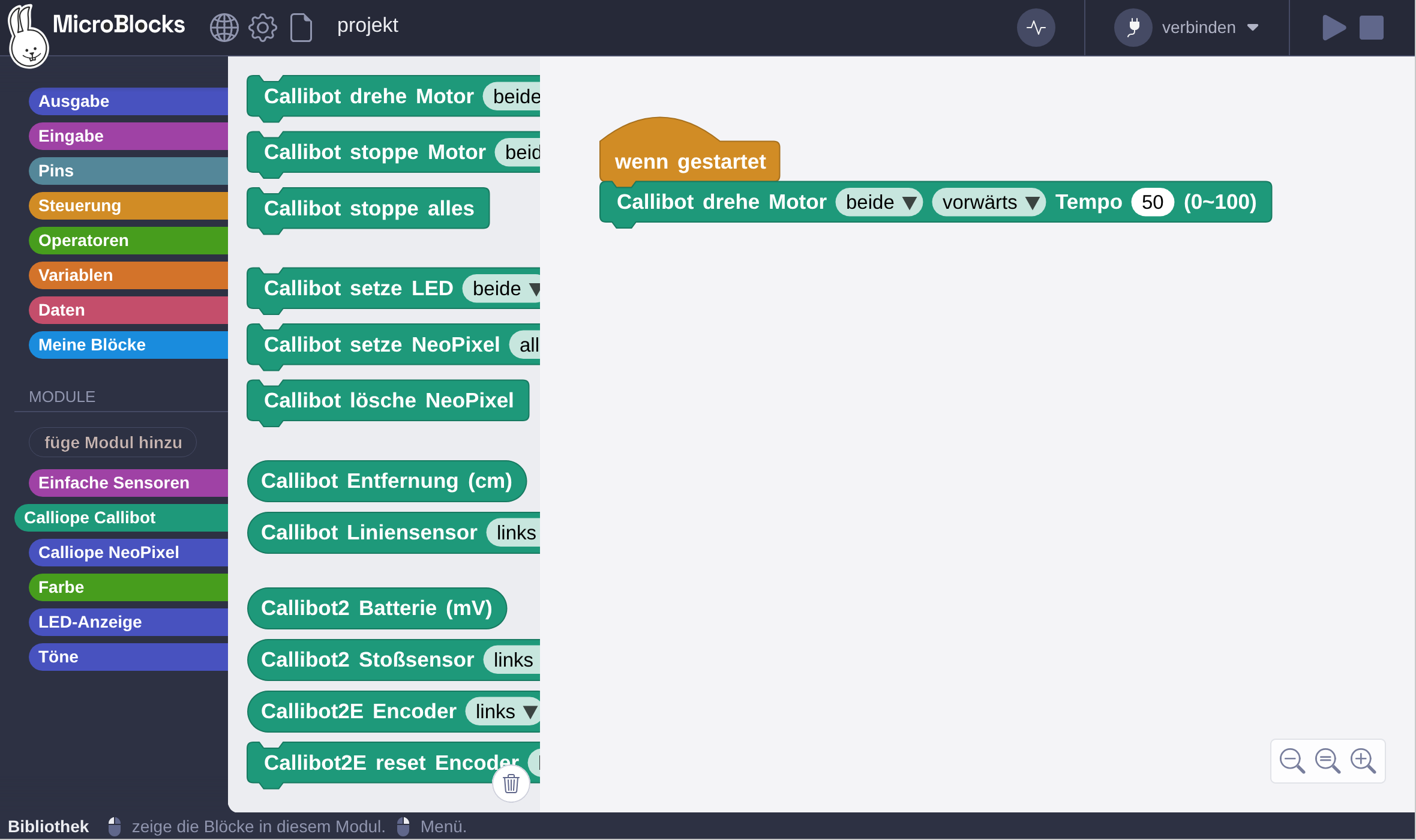 Das Calli:bot-Modul in MicroBlocks