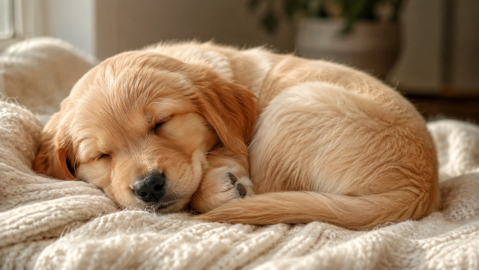 Ein schlafender Golden-Retriever-Welpe auf einer Decke. Das Bild, das die Beispielseite dieses Kapitels anzeigt.